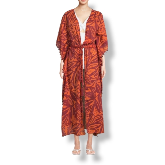 Kimono Belted Boho Floral Kaftan Robe Cover Up Maxi Lenth , L - Picture 2 of 5